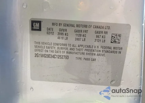 2012 Chevrolet Impala Lt из США, поврежденный, VIN 2G1WG5E34C1252793